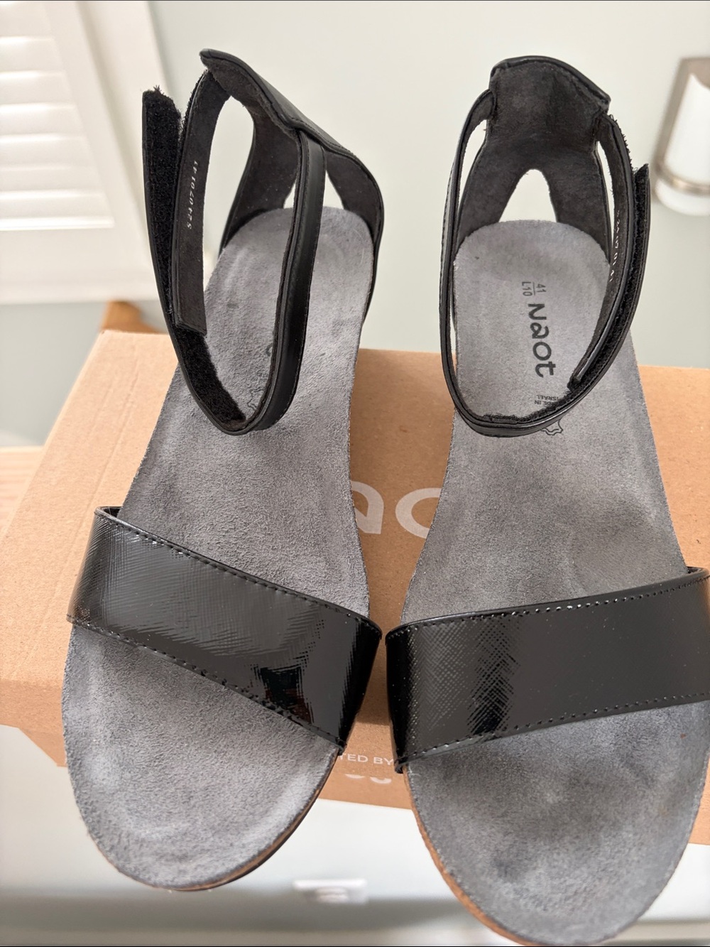 Naot Black Patent Toe-Strap Sandals with Ankle Strap